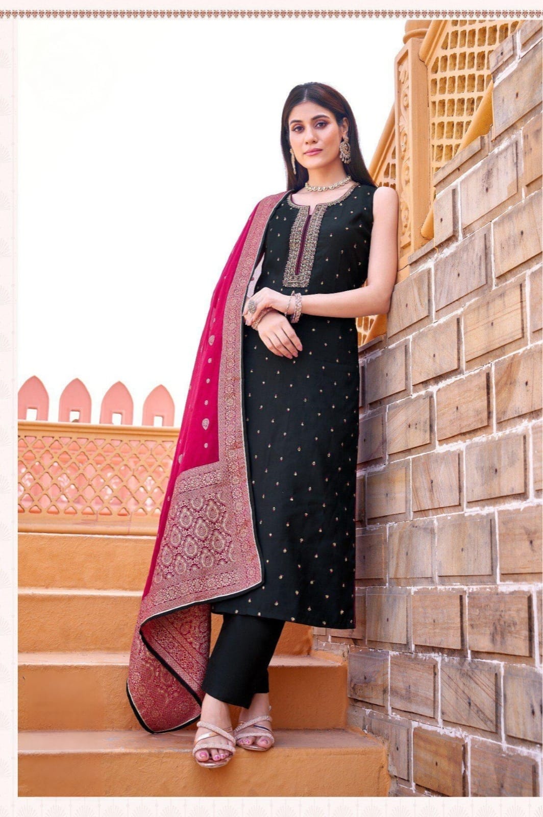 Shree Shanti Selection - Black Straight Cut Suit with Maroon Dupatta for Women